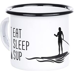 Mugsy.de EAT SLEEP SUP | emaille mok met SUP-surferin | licht en robuust | voor stand-up paddling fans