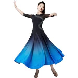 Yhsgscr Ballroom trainingsoutfit voor volwassenen Middellange mouwen Flamenco Foxtrot dansoutfit voor dames, moderne dansjurk Zacht ademend Danskleding voor sociale gelegenheden,Blauw,3XL