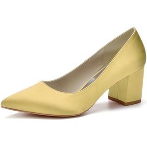 HFWXYSA Dames Chunky Blok Hak Bruids Pompen Puntige Teen Slip op Klassieke Geklede Schoenen voor Bureau Bruiloft Werkavond,Goud,35 EU