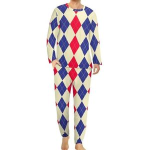 Blauw Rood Argyle Patroon Comfortabele Heren Pyjama Set Ronde Hals Lange Mouw Loungewear met Zakken XL