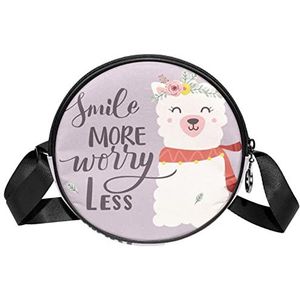 Ronde Crossbody Tas Baby Alpaca Smile Meer Zorgen Minder-01 Messenger Bag Purse voor Vrouwen, Meerkleurig, 6.7x6.7x2.3 in, Sling Rugzakken