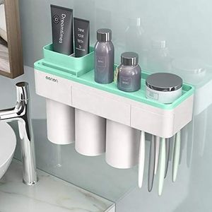 Tandenborstelhouder Wall Mounted Automatische Tandpasta Dispenser opslag Rack Föhn Holder Tissue Box badkameraccessoires Set (Color : Green 3 Cups)