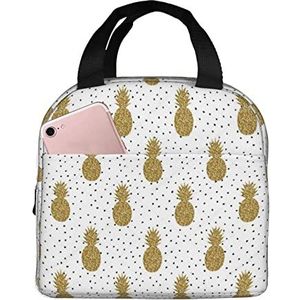 JYQCNSMJYB2 Gouden Glitter Ananas Fruit Print Geïsoleerde Lunchbox voor Vrouwen en Mannen, Lichte Duurzame Tote Bag voor Kantoorwerk School