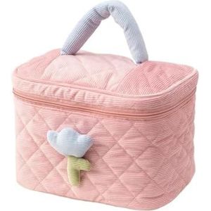 Vrouwen Tulp Bloemen Pouch Grote Capaciteit Reizen Cosmetische Tas Corduroy Rits Zakken Draagbare Opslag Make Up Organizer, Roze Emmer Tas, Eén maat