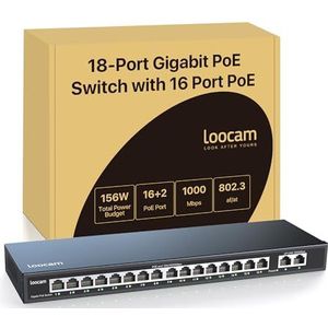 Loocam 16 Port Gigabit PoE Switch met 2 Gigabit Ethernet Uplink, 156W voor 16 Port PoE+ 1000Mbps, IEEE802.3af/at Unmanaged Netwerk Switch, Robuuste Metalen Behuizing, Desktop/Wandmontage