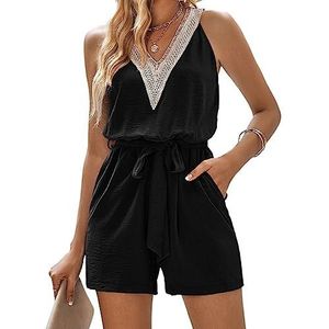 KOEMCY Jumpsuit voor dames, losse V-hals, korte mouwen, playsuit, zomer, casual, romper, eendelig, overall, taille, stropdas, korte jumpsuit met zak, Zwart, M