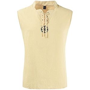 Heren Piraat Shirt Katoen Linnen Tank Top, Mode Middeleeuws Viking Mouwloos Vest T-shirt, Plus Size Lace Up Tee Trekkoord Kraag Casual Borduurwerk Kostuum