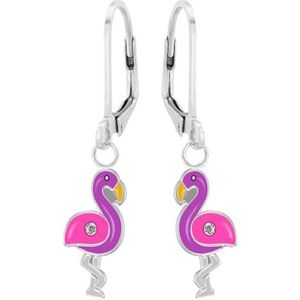 Zilveren oorhangers, roze met paarse flamingo met kristal