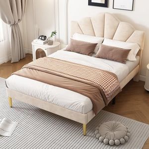 Aunvla Fluweel, gestoffeerd bed, 140 x 200 cm, tweepersoonsbed, schelpachtig bed met gouden ijzeren poten, in hoogte verstelbaar hoofdeinde, houten lattenbodem, beige