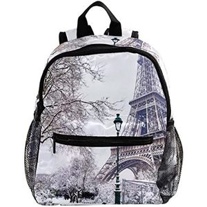Mini Rugzak Pack Tas Eiffeltoren en Sneeuw Patroon Leuke Mode, Meerkleurig, 25.4x10x30 CM/10x4x12 in, Rugzak Rugzakken