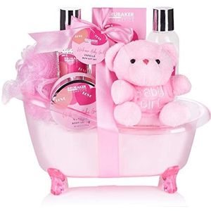 BRUBAKER Cosmetics 7-delige babycadeauset voor meisjes - cadeau voor pasgeborenen babyshower meisjes - babyverzorgingsset met bad en pluche beer - babycadeau roze