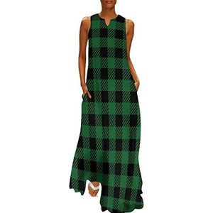 Buffalo Plaid dames enkellengte jurk slim fit mouwloze maxi-jurk casual zonnejurk 4XL
