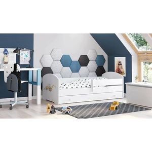 Dmora - Kinderbed Opole, kinderbed, slaapkamerset, matrashouder, 85 x 164 h 63 cm, wit met graafmachine