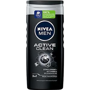 Nivea Men Active Clean verzorgende douchegel, effectieve douchegel met natuurlijke actieve kool, verfrissende douche voor lichaam, gezicht en haar, 250 ml