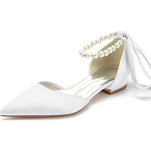 EICOFF Dames Pearl Flats Trouwschoenen voor Bruids Satijn Puntige Gesloten Teen Enkelbandje Lage Hakken Jurk Feest Avond Prom Schoenen,Wit,36 EU