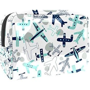 Make-uptas PVC toilettas met ritssluiting waterdichte cosmetische tas met blauw grijs verschillende vliegtuigen patroon voor vrouwen en meisjes