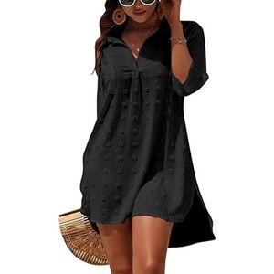 Figarge Strandjurk voor dames, bikini cover-up V-hals, katoen, strandtuniek, zomer, pareo's, buttondown, strandponcho, badpak, strand, zwart, M
