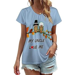 Uil My Uncle Loves Me Dames V-hals T-shirts Leuke Grafische Korte Mouw Casual Tee Tops S