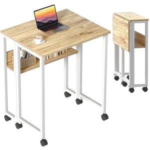 GreenForest Klein Opvouwbaar Bureau met Wielen, 80×50cm Draagbaar Opvouwbaar Bureau, Opvouwbare Bureautafel met Opbergruimte, Computer Bureaus voor Kleine Werkplekken, Eenvoudige Montage, Beige
