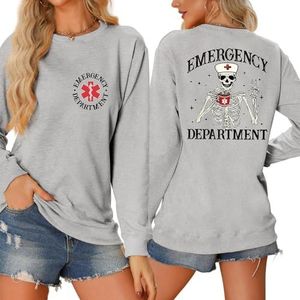 MLZHAN Spoedeisende Afdeling In Front Print Vrouwen Halloween Sweatshirts Grappige Skelet Verpleegster Hoed Cup De Terug Print Shirt, Grijs, S