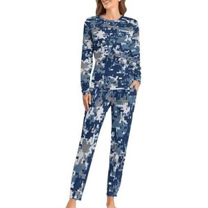 Blauwe digitale camouflage zachte damespyjama met lange mouwen, warme pasvorm, loungewear sets met zakken, XS