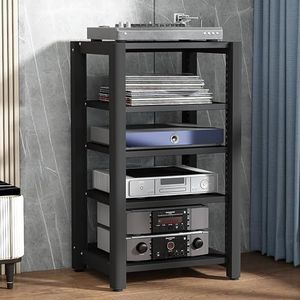 Entertainment-unit, stereostandaard, audiorek, gamingplank, platenspelerstandaard, AV-mediastandaard, hoekplank met houten planken, cd-dvd-display(Black,60x50x100cm)
