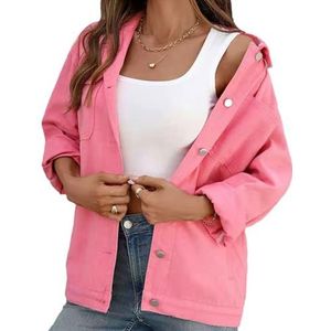 Vrouwen oversized denim jas, Y2K Vintage Casual jassen, lange mouwen Turn-down kraag Jeans jassen, met grote zakken,Roze,L