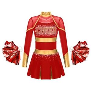 ZGXNYI Bruidsmeisjesjurken cheerleading uniform danskostuum strass steentjes metallic lange mouwen geplooide jurk met 2 stuks handbloemen vloerlengte bruidsmeisjesjurken, Rood, 34 NL