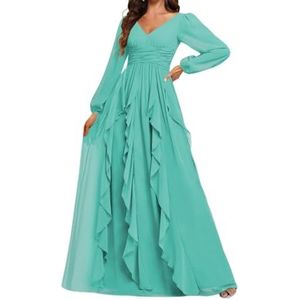 Prinses Bruidsmeisje Jurken Lange Mouw Prom Jurken V-hals Chiffon Formele Avond Party Maxi Jurk ZM208, Turkoois, 32