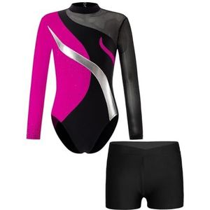 Turnpakje met lange mouwen, skaterbodysuit voor meisjes, glanzend patchwork turnpakje met shorts, danskledingsets voor danswedstrijden (Hot Pink Black, 6)
