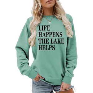 MLZHAN Life Happens The Lake helpt afdrukken vrouwen sweatshirt lange mouw mode sweatshirts ademende losse pasvorm truien, Lichtgroen, M