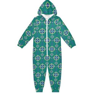 LI ZHI XIN Kinderpyjama met capuchon uit één stuk, jongens en meisjes, jumpsuits voor kinderen, onesie, slaappak, alles-in-één pyjama, winter, warme huisjumpsuit, 5-14 jaar, groen cirkelvormig patroon