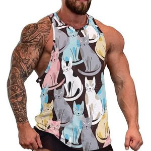 Kleurrijke Katten Mannen Tank Top Grafische Mouwloze Bodybuilding Tees Casual Strand T-Shirt Grappige Gym Spier
