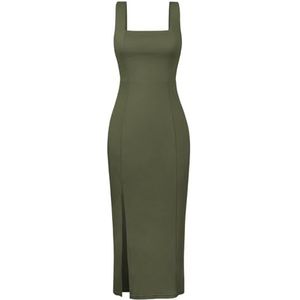 Sexy Bodycon-jurk met Hoge Split voor Dames, Effen Sling-avondjurk met Vierkante Hals(Color:Dark green,Size:L)