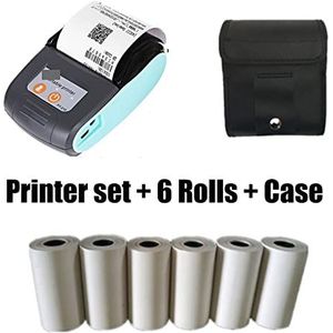 Mini Inkjet Printer PT210 58 mm thermische bonprinters USB Bluetooth-compatibele interface Draadloos verbinden met telefoon Gratis toepassing Miniprinter instelbare afdrukhoogte(Blue 6 Rolls Case)