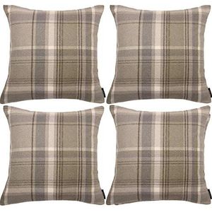 McAlister Textiles Set van 4 Heritage natuurlijke beige ruitkussens met vulling vierkante sierkussens voor bed of bank 43x43 cm - 17x17 inch