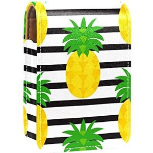 Ananas op zwart wit gestreepte achtergrond draagbare lippenstift case voor reizen, mini lippenstift opbergdoos met spiegel voor dames dames, lederen cosmetische etui, Meerkleurig, 9.5x2x7 cm/3.7x0.8x2.7 in