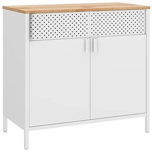 SONGMICS Opbergkast, metalen kast, met dubbele deur, magnetisch slot, verstelbare plank, stalen frame, natuurlijke kleur-wit LSC102W57