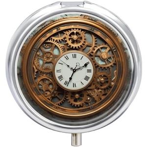 Rusty Steampunk Clock Pill Organizer Reizen Pillendoos 3 Compartimenten Dagelijks Ronde Medicijncontainer met Spiegel Wekelijkse Draagbare Pillendispenser Gevallen voor Portemonnee Pocket