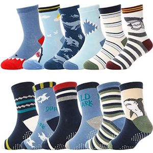ANTSANG Baby Boys Antislip Sokken voor Kinderen Peuters Babys Nietglijdend Cotton Crew Socks 12 Pairs(Jongens-haai (12 paar),24-26)