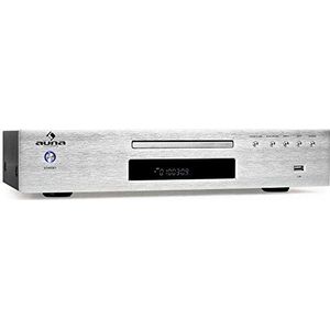 AUNA AV2-CD509-2.0 HiFi CD-speler, MP3-compatibele USB-ingang, 40 stationsgeheugen, CD, CD-R, CD-RW, MP3, LCD-scherm, coaxiale uitgang, afstandsbediening, roestvrij staal, zilver