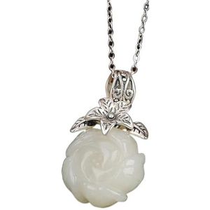 natural jade pendant， Jade Lucky Ruyi Charm Hand Carved Flower Pendant Pure Silver Chain Necklace Talisman for Feminity Women Prosperity Wealth Meditation Yoga