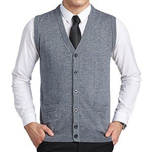 FULIER Heren wol V-hals gilet mouwloos vest vest klassieke heren gebreide vesten gebreide trui tank tops met knopen, Grijs, XL