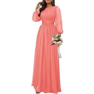 Dames chiffon bruidsmeisje jurken lange formele avond prom jurken ruches cocktail jurken plus size, Koraal, 32