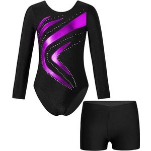 EKalgretrA Turnpakje voor meisjes, turnpakjes met lange mouwen, glanzend strass-steentjes, patchwork bodysuit met shorts, dansprestaties, wedstrijdkostuum, Paars, 14