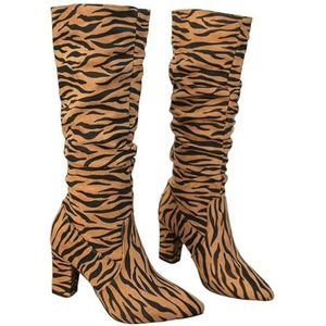 Kniehoge Laarzen Met Blokhak Vintage Lange Laarzen Met Zebraprint Winter Suède Rijlaarzen Mode Spitse Neus Hoge Hakken Dames Casual Brede Buis Instapschoenen(Brown,43 EU)