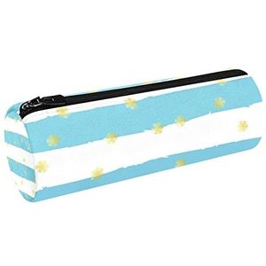 Bloeiende Zonnebloemen Varen Bladeren Blauw Houten Textuur Canvas Pen Etui Portemonnee Cosmetische Make-up Tas voor Student Briefpapier School Kantooropslag, Multi#05, 20x6.3cm/7.9x2.5in, Potlood gevallen