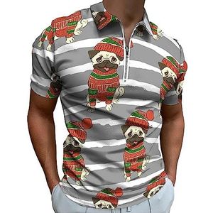 Grappige kerstvakantie mopshond poloshirt voor mannen, casual T-shirts met ritssluiting en kraag, golftops, slim fit