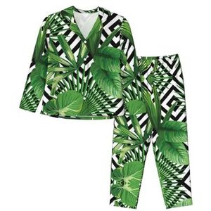 JEJEA Groene bladeren van palmboom tropische plant print comfortabele 2-delige nachtkleding lounge set pyjama set lange mouw nachtkleding nachtkleding, Zwart, S