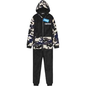 Fortnite Pyjama voor kinderen, jongeren, nachtkleding met ritssluiting, fleece pyjama met capuchon, all-in-one cadeaus voor kinderen, Zwarte Camo, 11-12 jaar